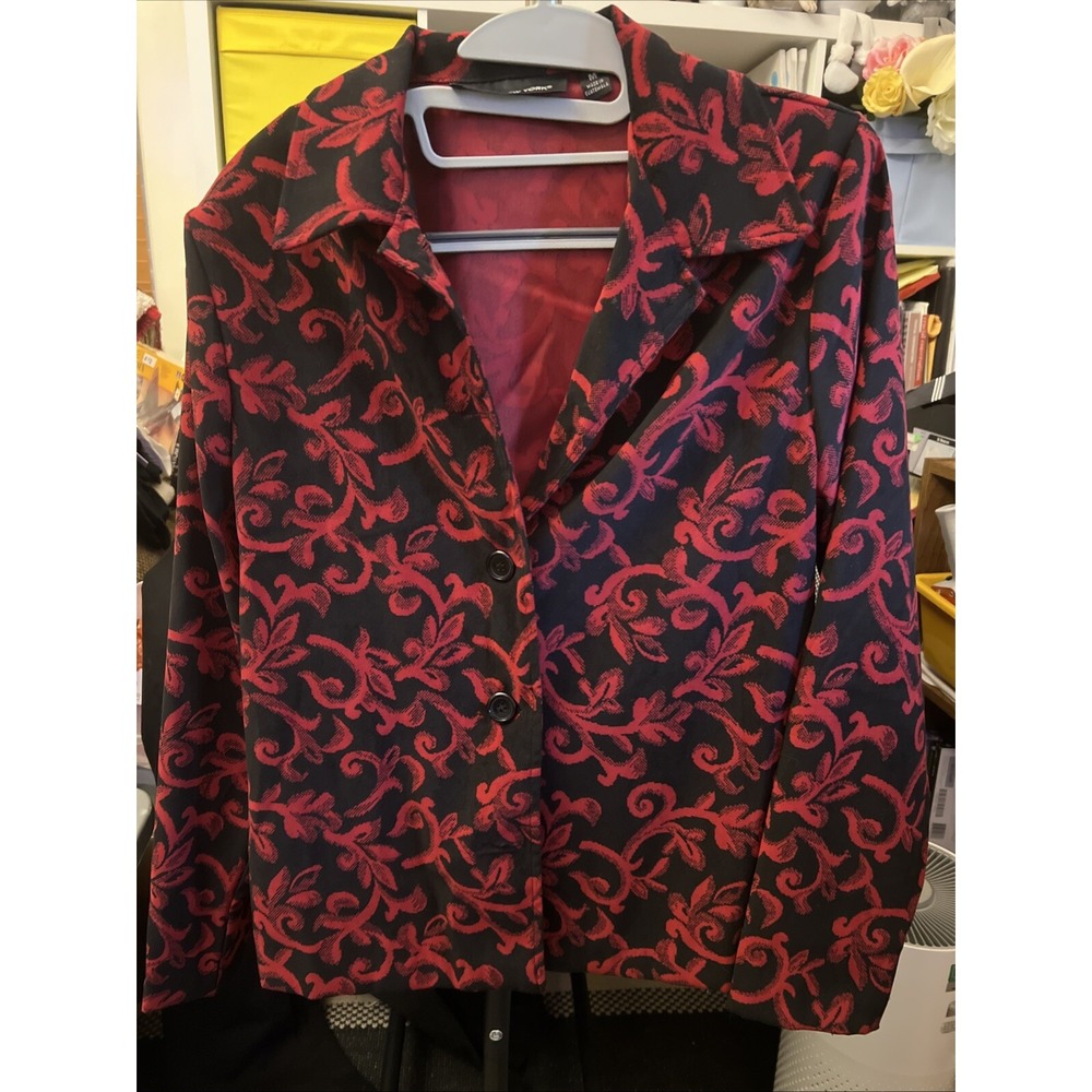 Briggs New York Red Black Blazer Suit Jacket Leaf Pattern Size M Vintage Floral